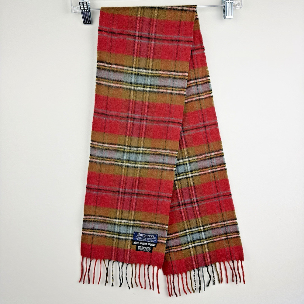 Vtg Burberrys Scarf 8 x 50 in Muted Maclean of Duart Tartan Cashmere Blend FLAW